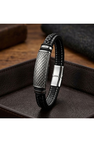 Premium Diamond Grid Desenli Çelik Kilitli Siyah Deri Erkek Bileklik 31831b8d5 - 20 Cm Siyah - Gümüş