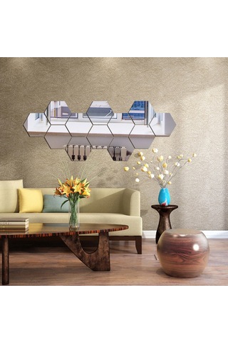 Qingmipy 12 Adet Çıkarılabilir Altıgen Ayna Çıkartması - Dıy Ev Dekorasyonu İçin Parlak Duvar Stickerları Gümüş