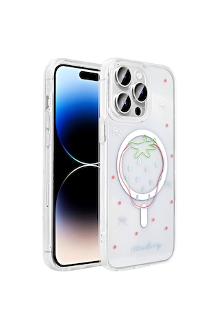 More Tr Apple Uyumlu iPhone 14 Pro Kılıf M-safe Şarj Özellikli Şeffaf Zore Folk Sert Kapak - Fiyonk Beyaz