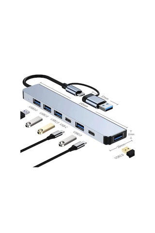 Çoklayıcı Adaptör 7in1 Usb/type-c To Usb A, Usb C Macbook Uyumlu Çevirici Adaptör Çok Portlu Çoklayıcı 7 İn 1 Usb Hub Gri