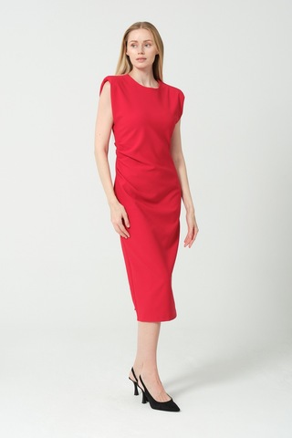 Arka Yırtmaç Detaylı Bel Büzgülü Elbise Kırmızı