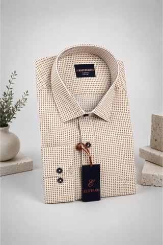 Elitpark Exclusive Square Uzun Kollu Pamuklu Cepli Rahat Kalıp Premium Erkek Gömlek Bej