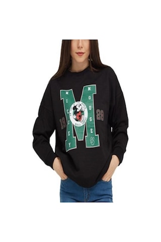 Siyah Mıckey Mouse Baskılı Cepli Bisikletyaka Oversize Sweatshirt