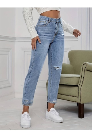Epilons Zenda1125 Kadın Açık Mavi Yırtık Mom Fit Kot Pantolon Zenda478