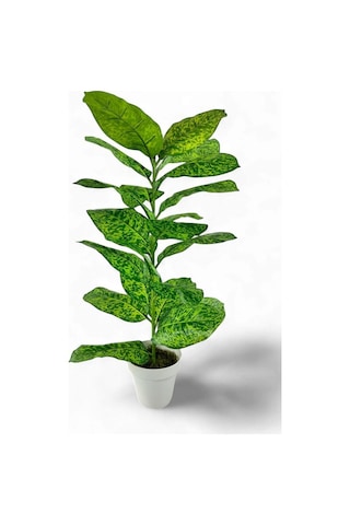 Yapay Çiçek Difenbahya Tropik Sarı Benekli 80cm 23 Yapraklı Salon Çiçeği Beyaz Saksılı Yapay Bitki
