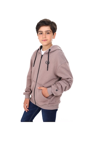 Toontoy Kids Toontoy Erkek Çocuk Kapüşonlu Fermuarlı Cepli Düşük Omuz Baskılı Örme Hırka - 3 İplik Şardonsuz Kahve