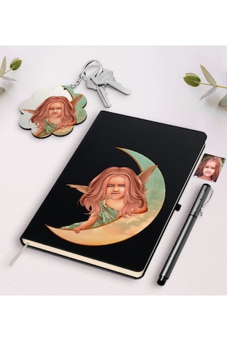 Kişiye Özel Kız Çocuk Melek Karikatürlü Siyah Defter Kalem Ve Ana