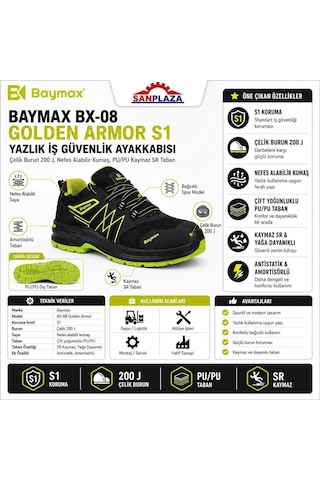 Bx-08 Golden Armor S1 Yazlık İş Güvenlik Ayakkabısı, Çelik Burun 200 J, Nefes Alabilir Kumaş, Çift Yoğunluklu