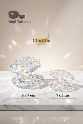 Chacha Home Oceana Pearl 2'li Kristal İncili İstiridye Obje Seti 9x7 Cm & 7x5 Cm - Lüks Cam Dekoratif Masa Üstü Biblo Şeffaf