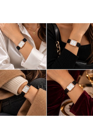 Kadın Kol Saati Rose Gold Kasa, Deri Kordon Siyah