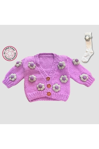 Uretti - Gülnur 2184 - El Örgüsü Çiçek Motifli Çoraplı Kız Çocuk Hırka 4 Yaş - Mor Mor