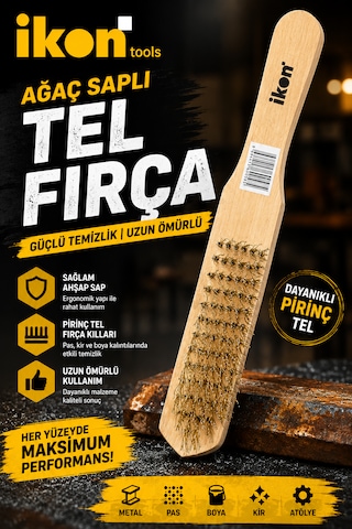 İkon Tools Ağaç Saplı Tel Fırça Çelik Tel Bakır Kaplama Kıllı Ahşap Saplı Pas Kir Boya Temizleme Fırçası
