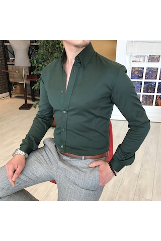 Italyan Stil Slim Fit Dik Yaka Saten Erkek Gömlek Yeşil T4743