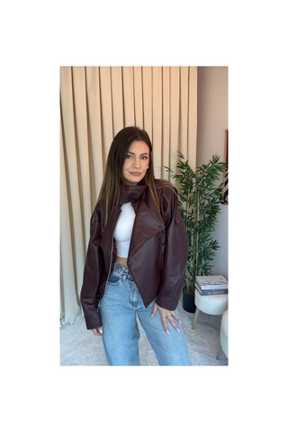 Meecy Zra Model Dik Yaka Yeni Sezon Deri Ceket Bordo Bordo