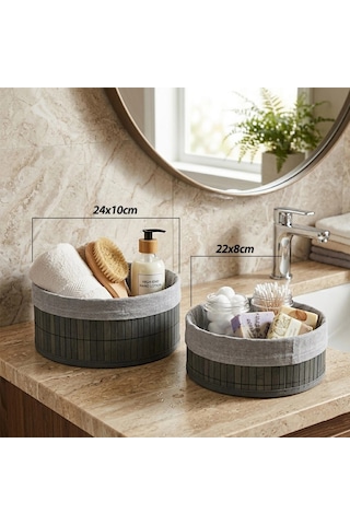Gri 2 Boy Yuvarlak Bambu Kenar Organizer Sepet Ahşap Altlık - Bezli Çap 22x24cm 5468 Çok Renkli