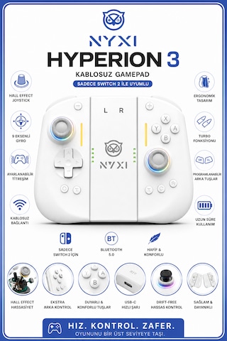 Nyxi Hyperion 3 Beyaz Joypad Switch 2 Hall Effect Drift Yapmayan Joystick Kablosuz Oyun Kolu Joy-con