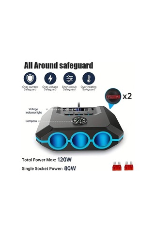 Boatshop1 7si 1 Arada Premium Araç Şarj Adaptörü Siyah 120w Hızlı Şarj 3 Priz 4 Usb Qc3.0 12 24v