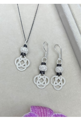 Gümüş Kazaziye Şems Düğümü Kolye Küpe Set - Set09