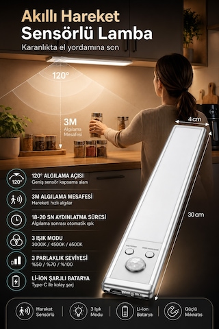 2 Adet Hareket Sensörlü Lamba Şarjlı Led Dolap Altı Lambası 2200 Mah Manyetik 3 Renk Kablosuz 1015 Gri