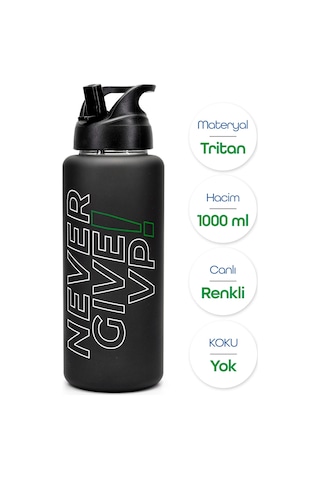 Büyük Su Matarası Tritan Pipetli Su Şişesi Never Give Spor Matarası Suluğu Bpasız 1000 Ml Siyah 0112