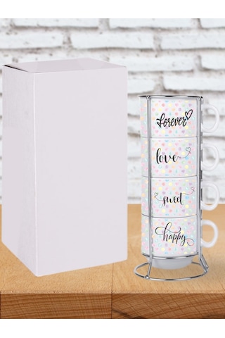 Deepcraft Stantlı 4'lü Fincan Seti Çıkmaz Baskılı Puantiyeli Desenli 4 Adet Fincan Seti 190 Ml Beyaz
