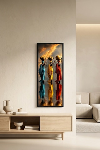 Sepet Taşıyan Afrikalı Kadınlar Çerçeveli Dekoratif Tablo 25x60 Cm Dikey Duvar Tablosu Salon Yatak Odası Ofis Dekoru