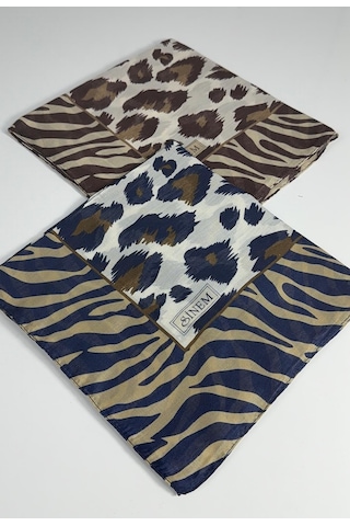 Sinem İndia Leopar Desen 2'li Sorti Eşarp -6294 Kahve-lacivert