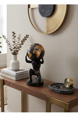 Modern Dekoratif Biblo Siyah Gold Detay Atlas Dünyayı Sırtında Taşıyan Adam Heykeli, Salon Konsol & Sehpa Üst Diğer