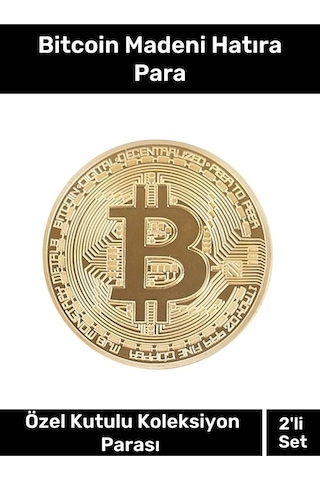 Özel Kutulu Hatıra Koleksiyon Bitcoin Madeni Para Altın Rengi 2'li Set