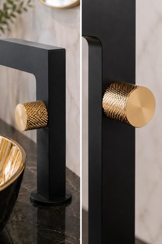 Fontana Fk-2015 Siyah Gold Detaylı Lüks Lavabo Bataryası Mat Siyah Modern Lavabo Bataryası Altın - Mat Siyah