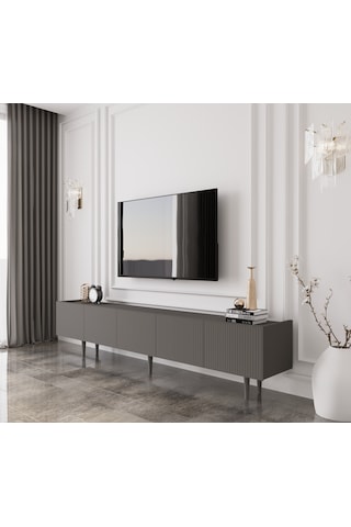 Capella Gri Mdf Country 5 Kapak Ahşap Ayaklı 200 Cm Tv Ünitesi