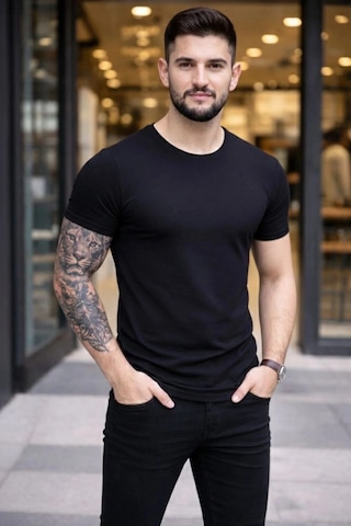 Freedom Storee Erkek Body Tişört Bisiklet Yaka Slim Fit Likralı T-shirt - Siyah Çok Renkli