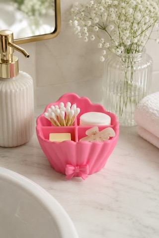 Deniz Kabuğu Fiyonklu 4 Bölmeli Mini Organizer, Makyaj Takı Kalem Takı Kutusu Masa Düzenleyici Pembe