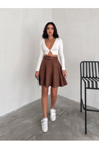 Ozy Fashion Kadın Koyu Kahverengi Midi Boy Kemerli Süet Kloş Etek Koyu Kahverengi