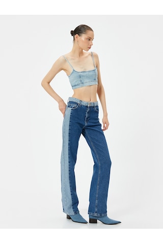 Koton Çift Renk Düz Paça Kot Pantolon Yüksek Bel Cepli - Nora Longer Straight Jeans Orta İndigo 4sal40425md İndigo