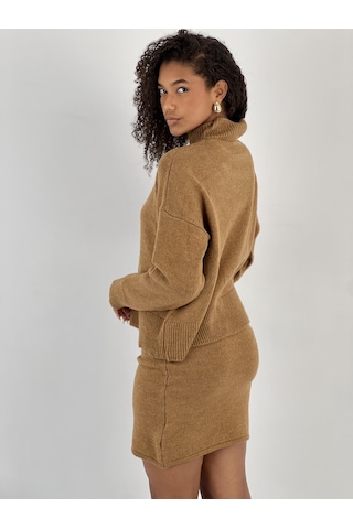 Miss Poem Düşük Omuz Boğazlı Kazak Mini Etek Camel Takım Camel