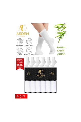 Asden Bambu Kadın Soket Çorap Beyaz Premium 6'lı Kutu, Burun Dikişsiz, Soft Yıkamalı Beyaz 6 Çift