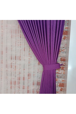 Lila Renk Fon Kadife Perde Çift Kanat 1/3 Sık Pileli Dikim V-36 Koyu Lila