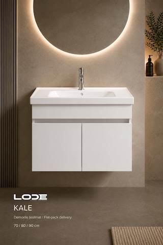 Lode Bath Kale Beyaz Demonte Lavabolu Alt Banyo Dolabı, Seramik Lavabo Dahil 80 Cm