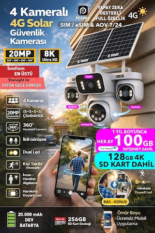 4 Kamera 20mp 360 Açı 4g Sim Kartlı Güneş Enerjili Güvenlik Kamerası 128gb Sd Kart Ve 100gb İnternet