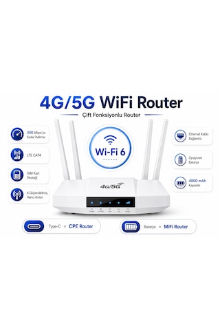 4g/5g Wifi Router 300 Mbps Sim Kartlı 4.000mah Dahili Batarya 4 Antenli Modem Taşınabilir Şarjlı Ev-ofis İnternet Cihazı Birden Fazla Cihaz Desteği Type-c Şarjlı