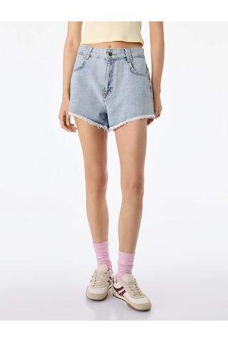 Koton Rahat Kalıp Püsküllü Taş Detaylı Mini Denim Şort Açık İndigo 6sal40226md