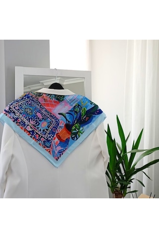 Lente Aksesuar Kadın Çok Renkli Sanatsal Çizgili Premium Kalite İpek Saten Fular 55x55cm Mavi - Pembe