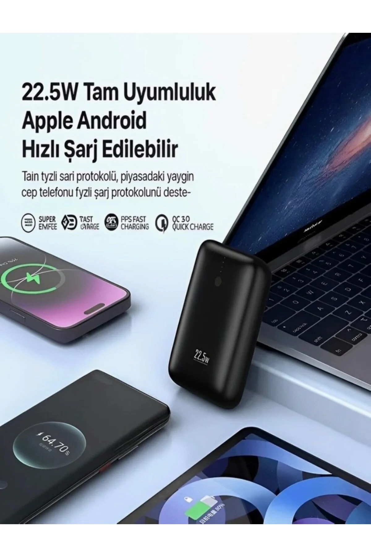 Aura Akse 22.5 W Usb-c Powerbank Led Digital 10000 Mah Koyu Gri