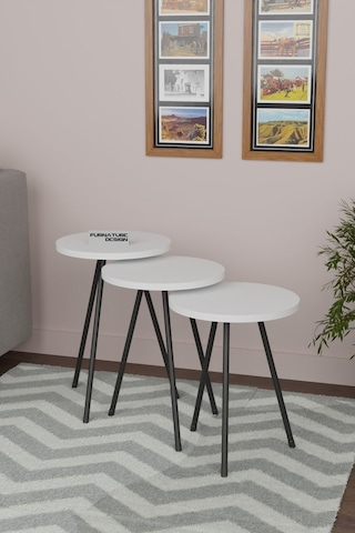 3'lü Zigon Sehpa Seti Metal Ayaklı Yan Sehpa Beyaz