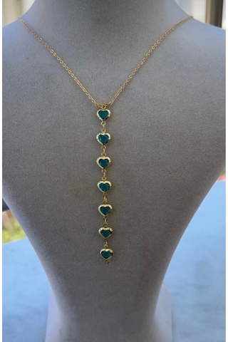 Kadın Gold Renk Zirkon Taşlı Kalpli Y Model Kolye 45 Cm Mavi