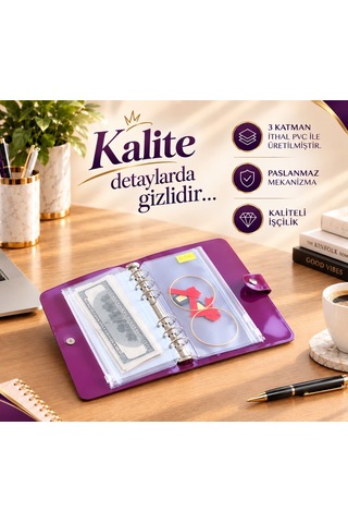 Birikim Ajandası - Birikim Cüzdanı Bütçe Planlayıcı Ajanda Şeffaf Mor Mekanizmalı 5 Adet Fermuarlı Dosya Birikim Kartı Hediyeli Şeffaf - Mor