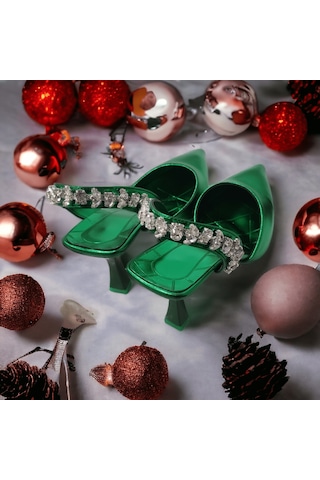 Tarzbu Lks İnce Topuklu Taşlı Parlak Yeşil Renk Abiye Ayakkabı