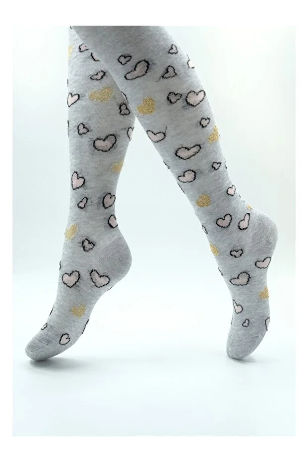 Veraye Socks Kız Külotlu Çorap Simli Kalpli Desen Pamuklu Penye 3'lü Mavi-gri-siyah