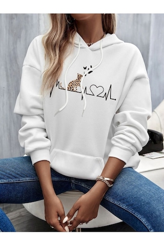 Altamira Beyaz Kedi Baskılı Oversize Kapşonlu Sweatshirt 001